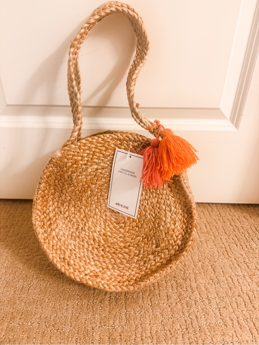 H&M Home NWT Round Woven Jute Straw Bag Orange Tassels